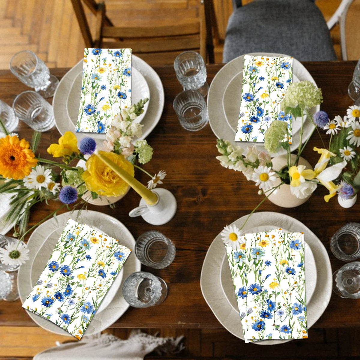 serviettes papier jetables fleurs bleues jaunes salle bain festives motifs floraux noël