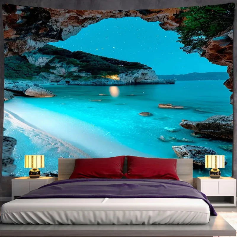 tapisserie murale bohème paysage marin rochers vagues plage bleu gris beige vert