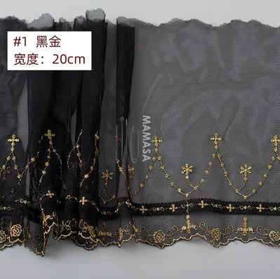 ruban decoratif dentelle brodee noir croix golden largeur 20cm semi transparent erotique echangiste erotique