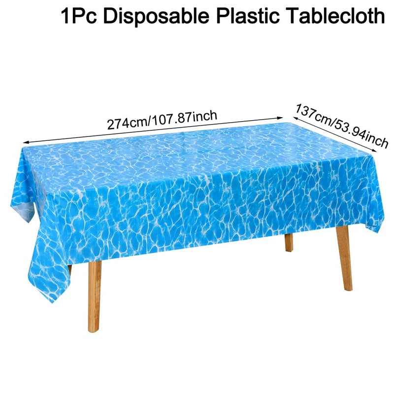 nappe table thème océan rayures bleu moderne coquillages bouteille vin plage anniversaire bébé