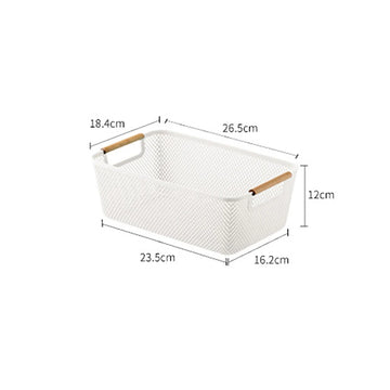 paniers rangement blanc jaune bleu rose noir maille fine moderne pratique poignées bois