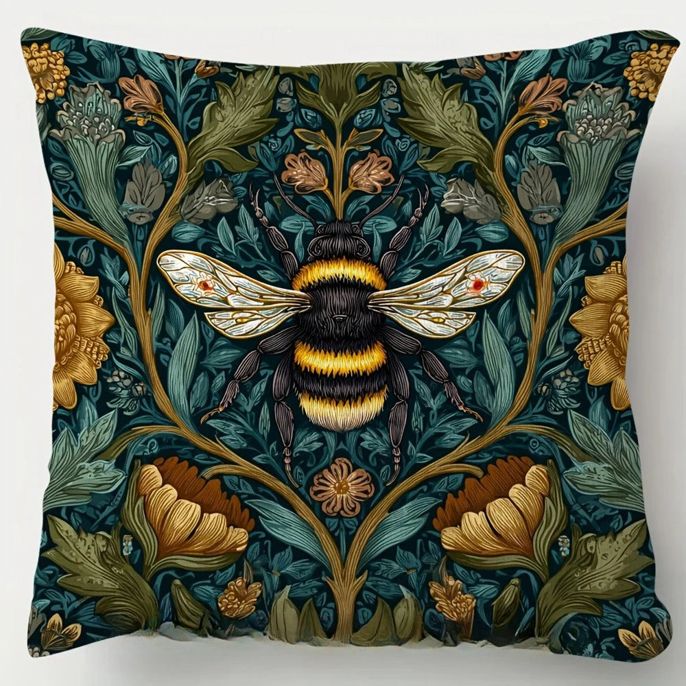 housse coussin vintage floral abeilles polyester bleu foncé vert beige jaune salon chambre opacité