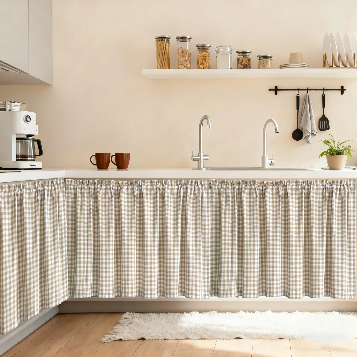 rideau gingham beige blanc champêtre fixé cuisine opacité moyenne dimension 140cm