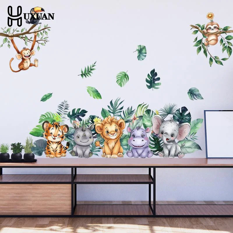 sticker mural dessin animé animaux mignons multicolore tigre rhinocéros lion hippopotame éléphant tropical chambre