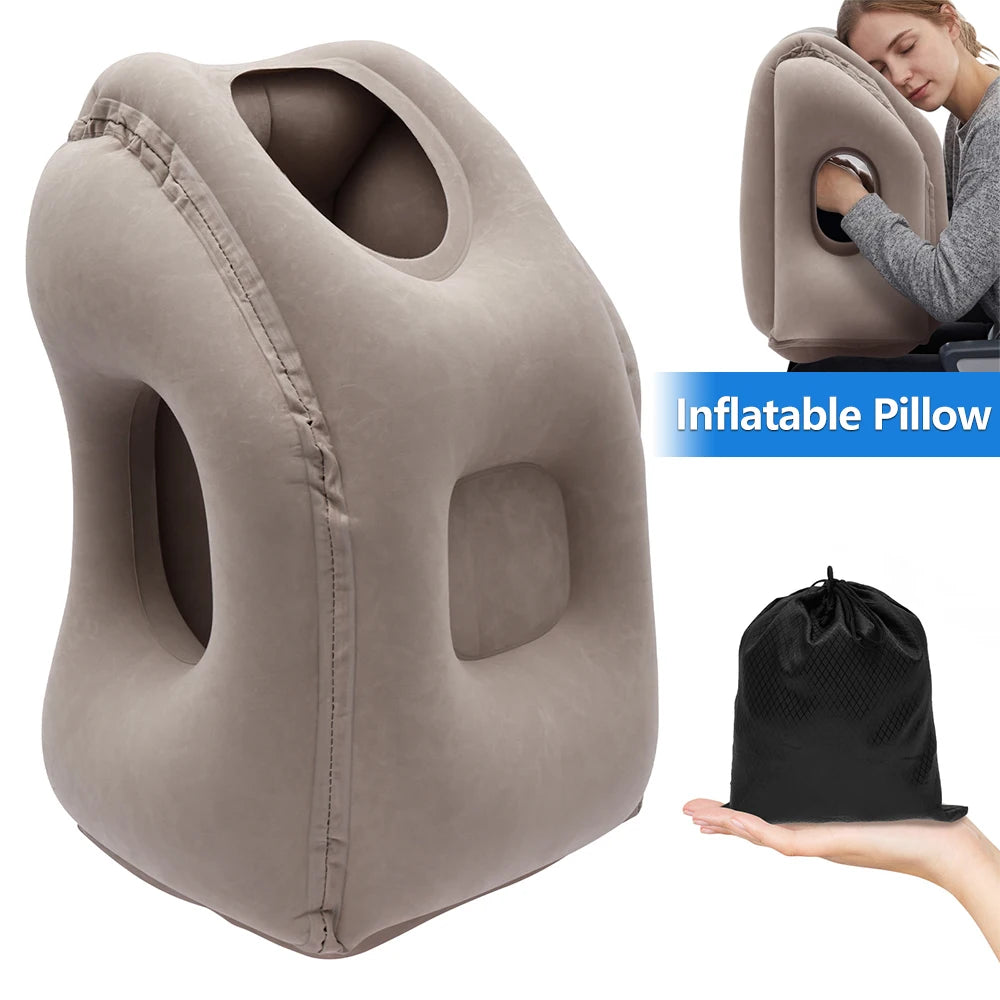 oreiller voyage cou gris velours anti apnée portable pliable sac rangement confortable sofa avion
