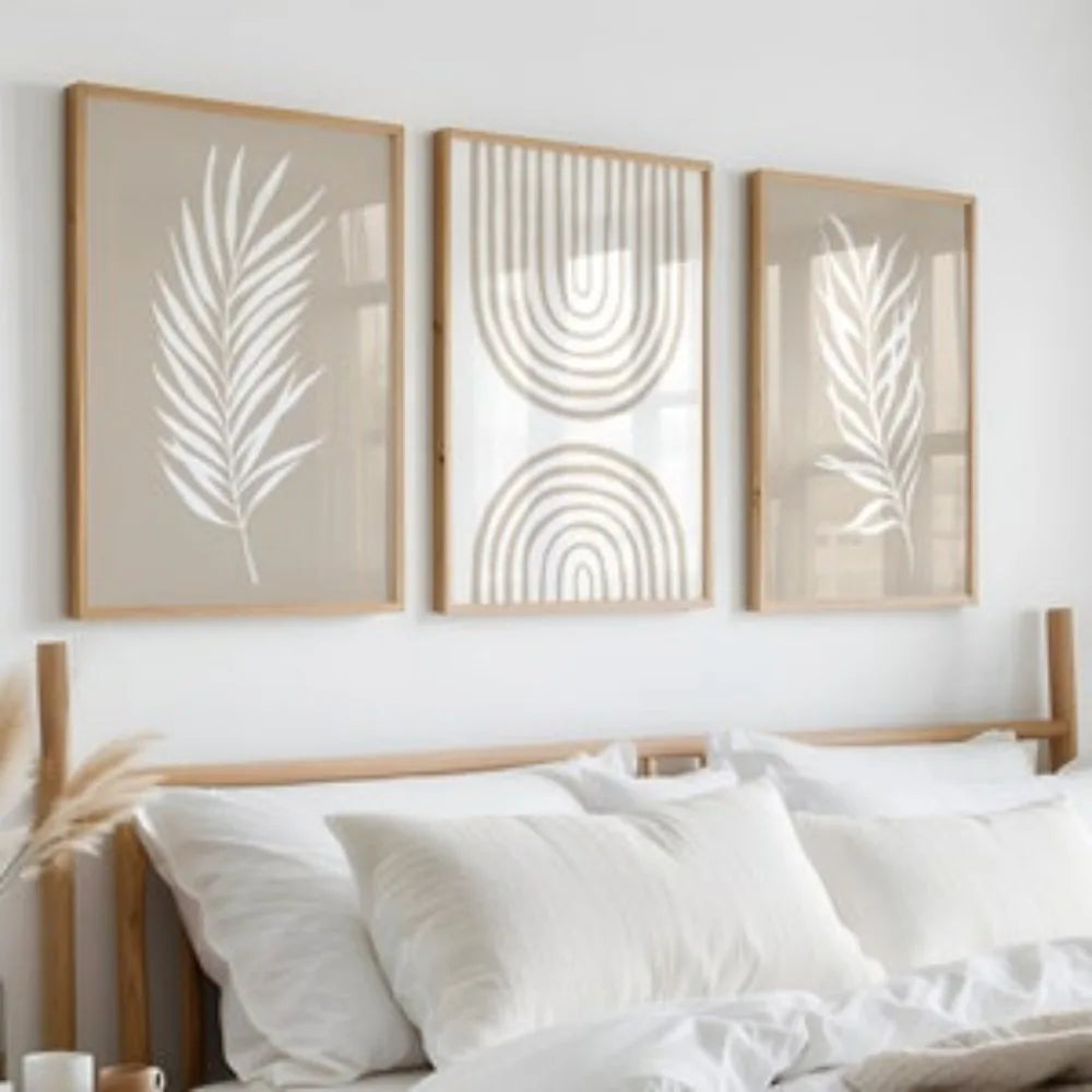 toile d'art minimaliste feuilles palmier motifs géométriques beige clair blanc sans cadre chambre salon
