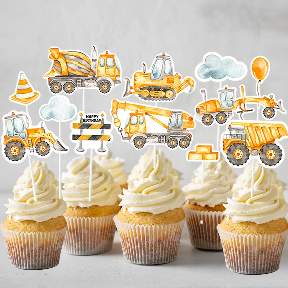 décorations anniversaire gâteau cupcakes camions construction nuages cône sécurité pancarte happy birthday pique illustrations