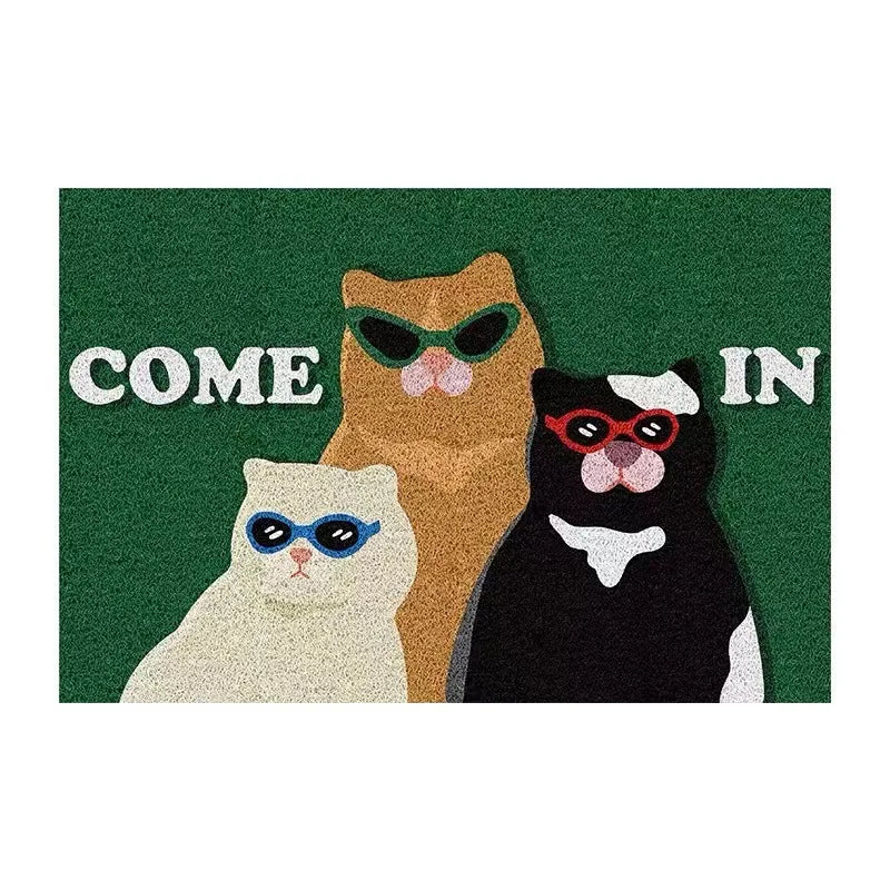tapis d'entrée antidérapant pvc chatons lunettes moderne come in vert gris