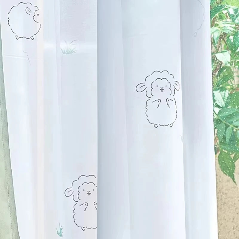 rideau vert clair brodé mouton herbe cartoon enfant chambre opaqueextérieur simple