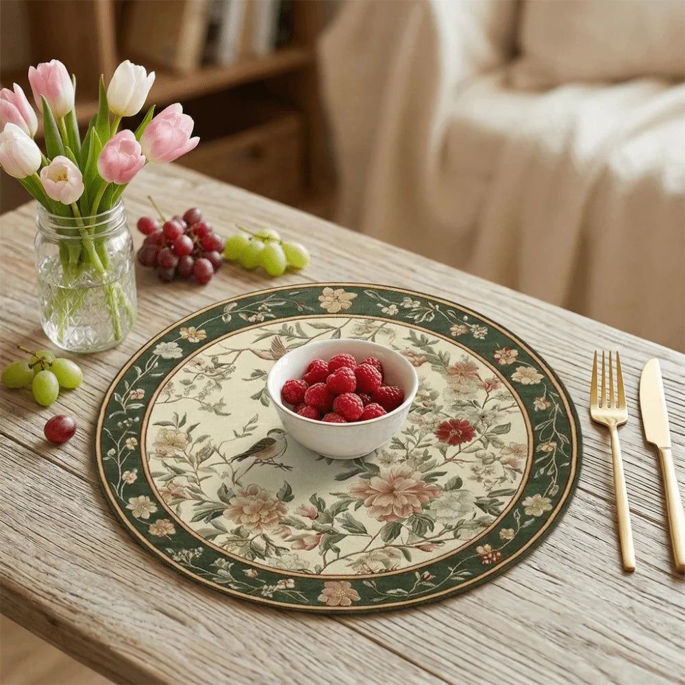 placemat classique floral oiseaux vert beige rose blanc 35cm 35cm