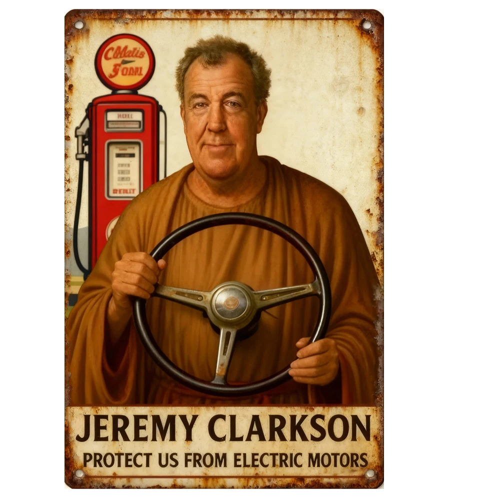 plaque métallique or vintage protection moteurs Jeremy Clarkson humour décoration murale pré perçus