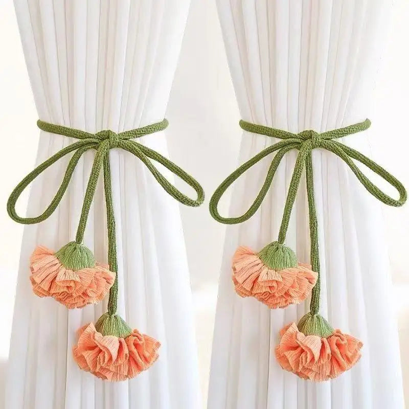 attaches rideaux fleurs tissu coton vert blanc violet orange floral champêtre