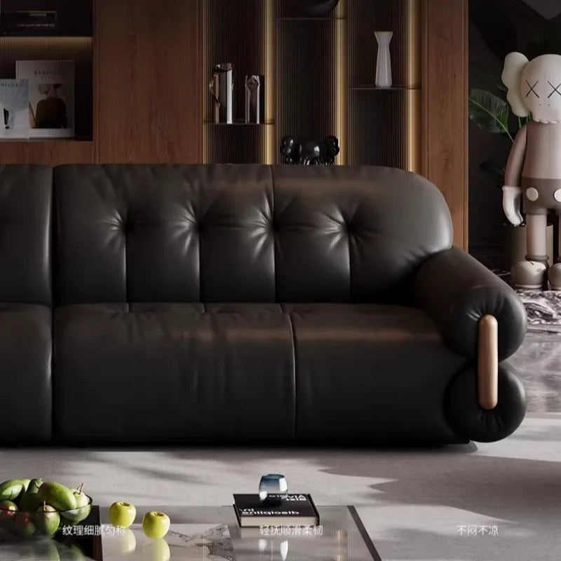 canapé noir simili cuir classique forme salon dimensions variées multifonctionnel élégant