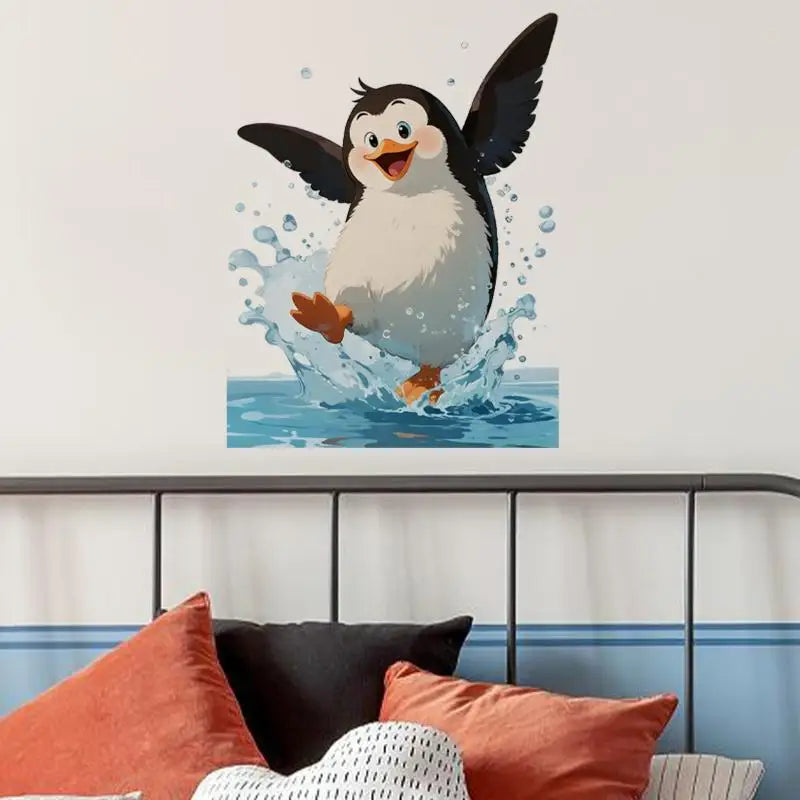 autocollant mural cartoon pingouin adhésif noir blanc gris bleu orange salle bain moderne pvc