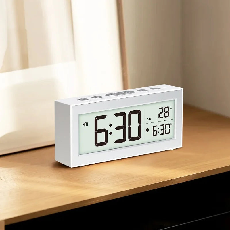 réveil numérique horloge lcd blanc minimaliste affichage heure date température snooze fonctionnalités modernes