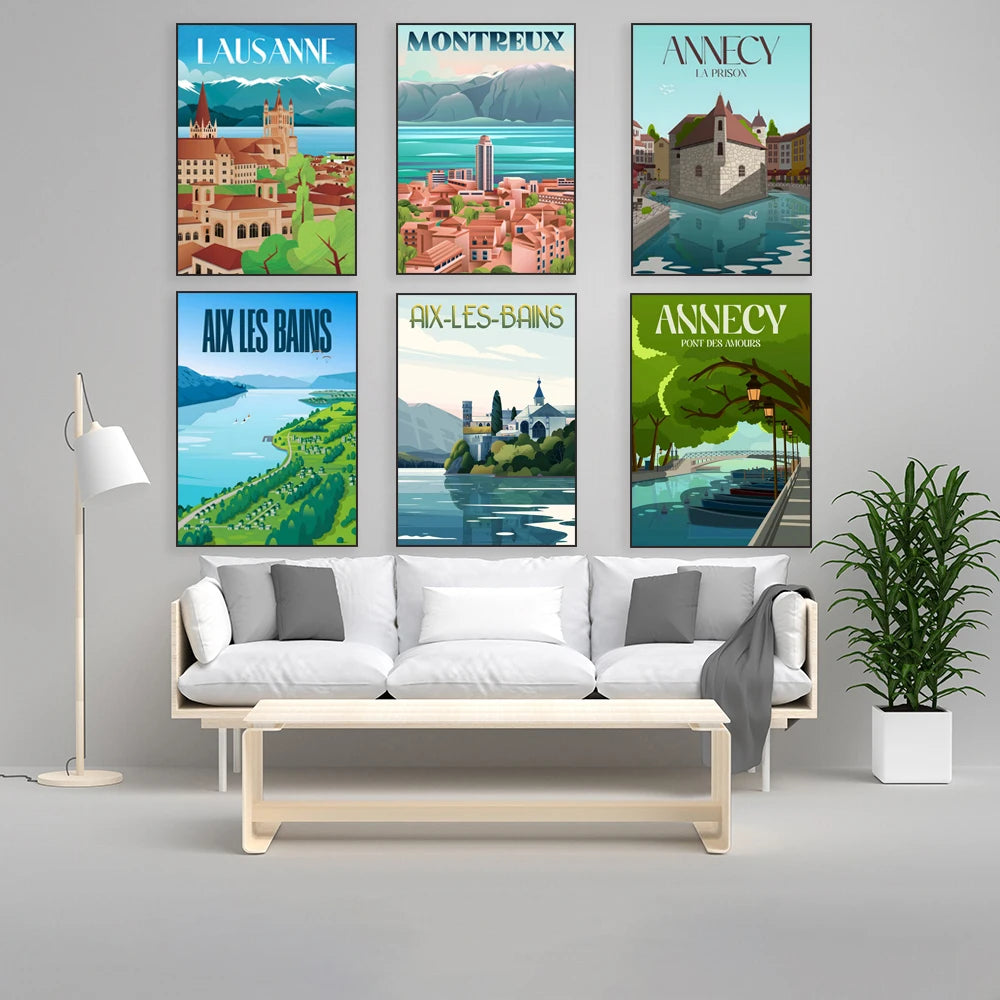 Un ensemble d'affiches vintage illustrant différentes destinations de Suisse, comme Lausanne, Montreux et Annecy, avec des paysages pittoresques et des monuments emblématiques.