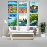 Un ensemble d'affiches vintage illustrant différentes destinations de Suisse, comme Lausanne, Montreux et Annecy, avec des paysages pittoresques et des monuments emblématiques.