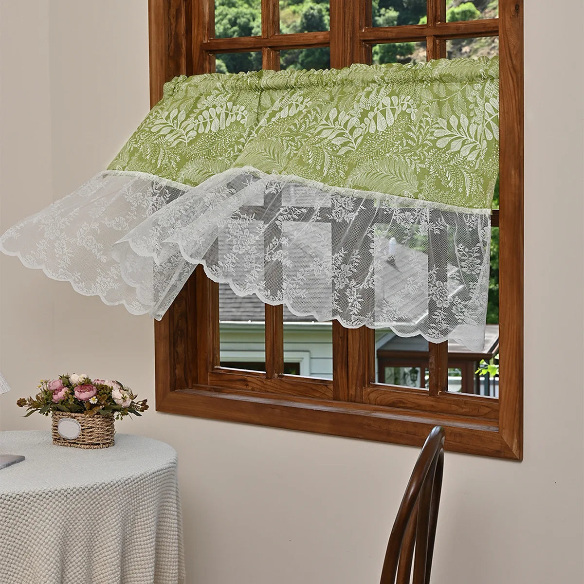rideau fenêtre vert clair fleurs dentelle vintage taille 140x50cm polyester translucide