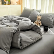 Parure de lit 4 pièces en tissu brossé unie - Housse de couette, taies d'oreiller et drap