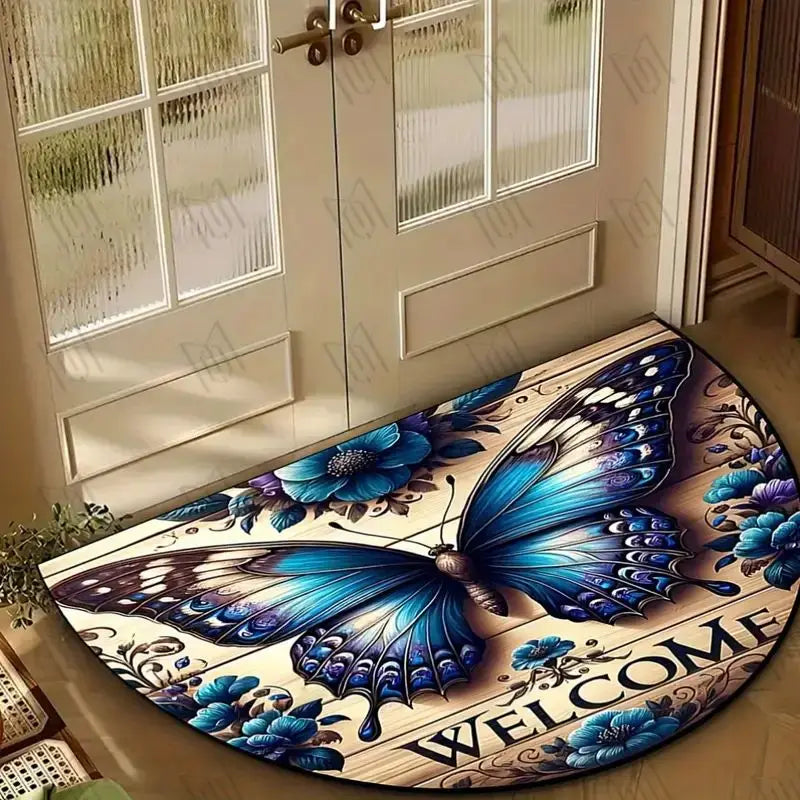 tapis d'entrée moderne papillon bienvenue bleu beige brun antidérapant résistant extérieur couloir véranda
