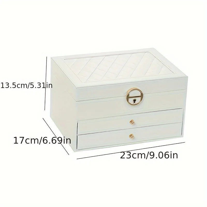 boîte rangement bijoux cuir blanc moderne élégante poignées métalliques verrouillable intérieure motifs géométriques