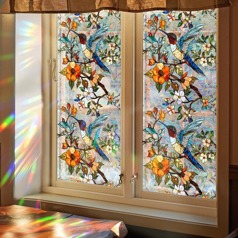 film vitrail fleurs papillons adhésif multicolore décoratif fenêtre opacité artiste