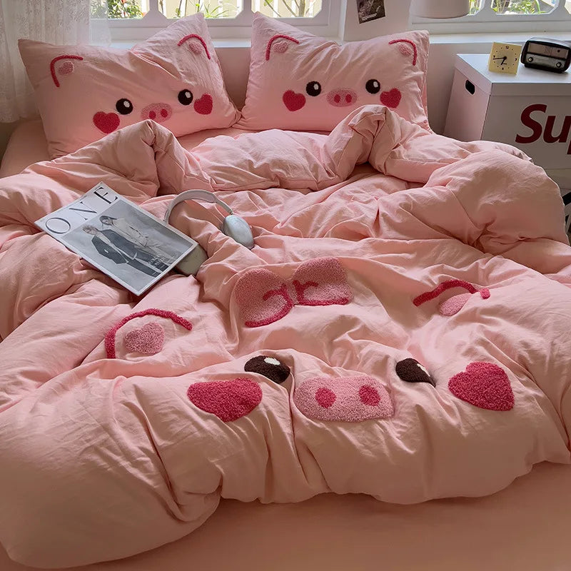 parure lit ensemble housse couette drap taies motif cochon mignon rose doux