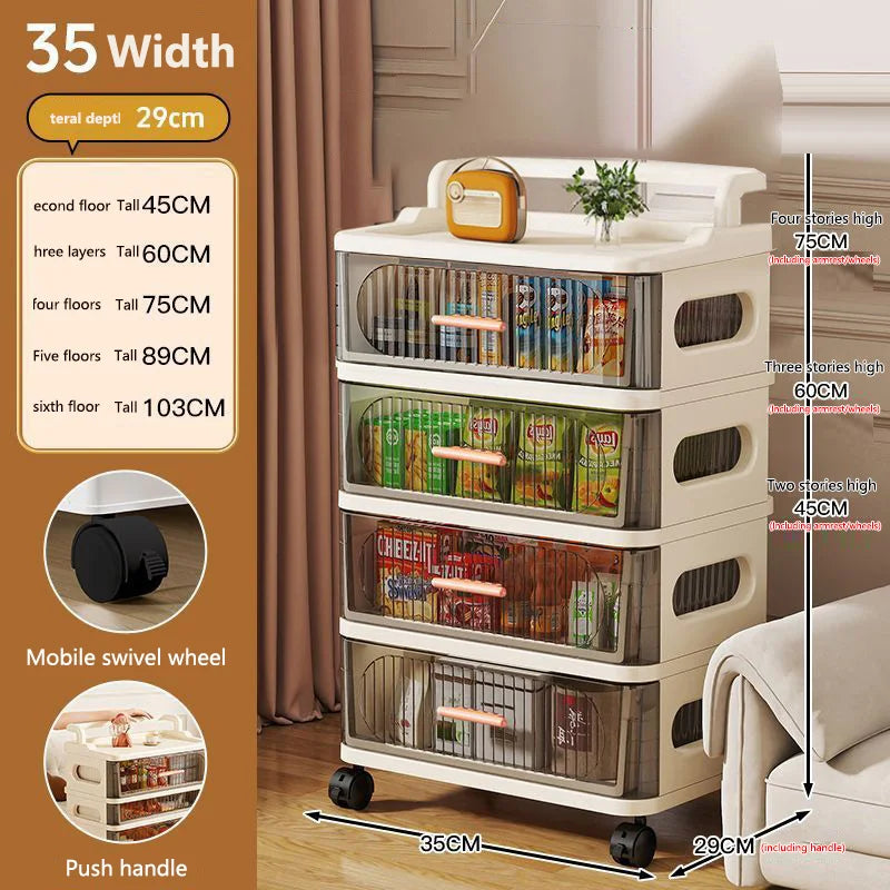 meuble rangement mobile tiroirs roulettes beige clair rayures horizontales moderne