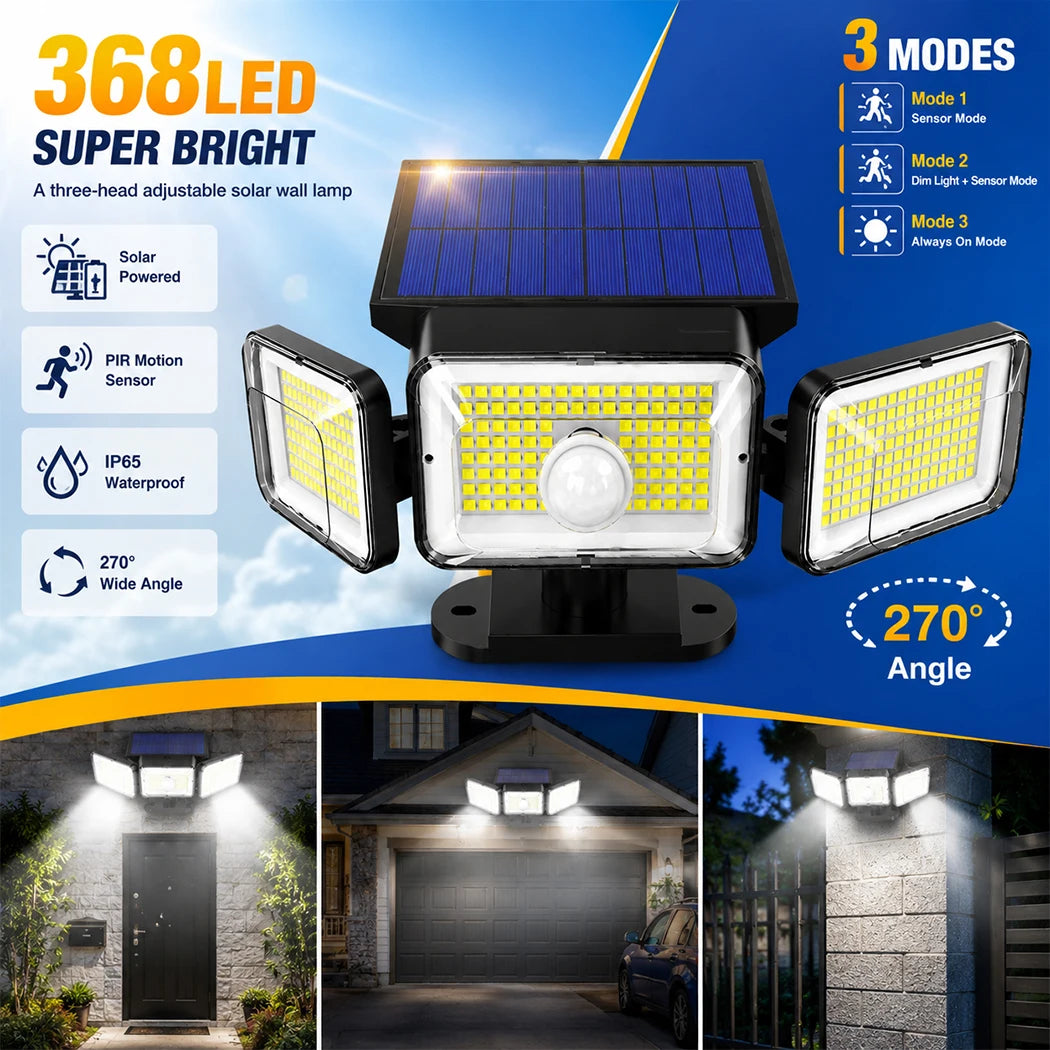 projecteur solaire détecteur mouvement trois têtes led noir moderne extérieur sécurité jardin mur