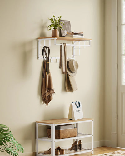 Porte-manteau mural avec étagère de rangement en doré chêne et blanc nuage