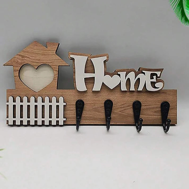 porte clés mural bois naturel motif maison cœur rustique texte decoration entrée