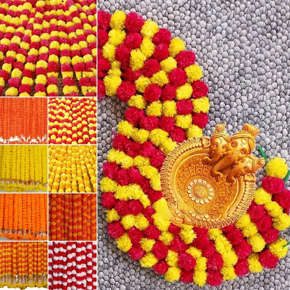 guirlande fleurs artificielles orange jaune rouge décoration festive indienne pompons suspendues 150cm