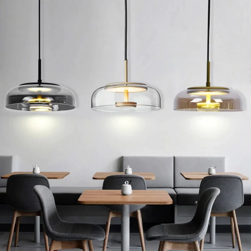 Lampes suspendues modernes transparent doré noir gris abatjour transparent rosace dorée câble suspension LED