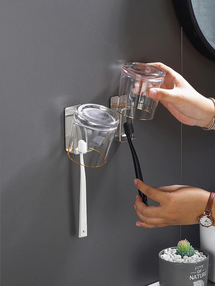 porte brosses dents porte gobelets mural adhésif moderne argenté transparent minimaliste salle bain