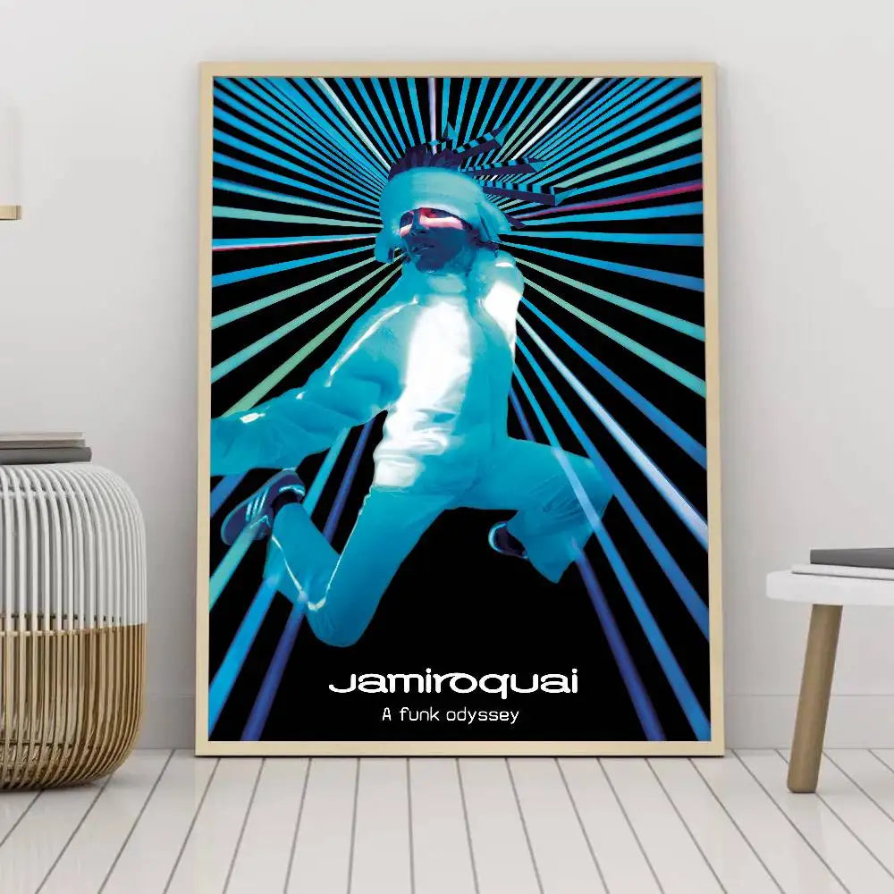 affiche moderne jamiroquai noir jaune blanche silhouette personnage minimaliste papier opaque chambre bar