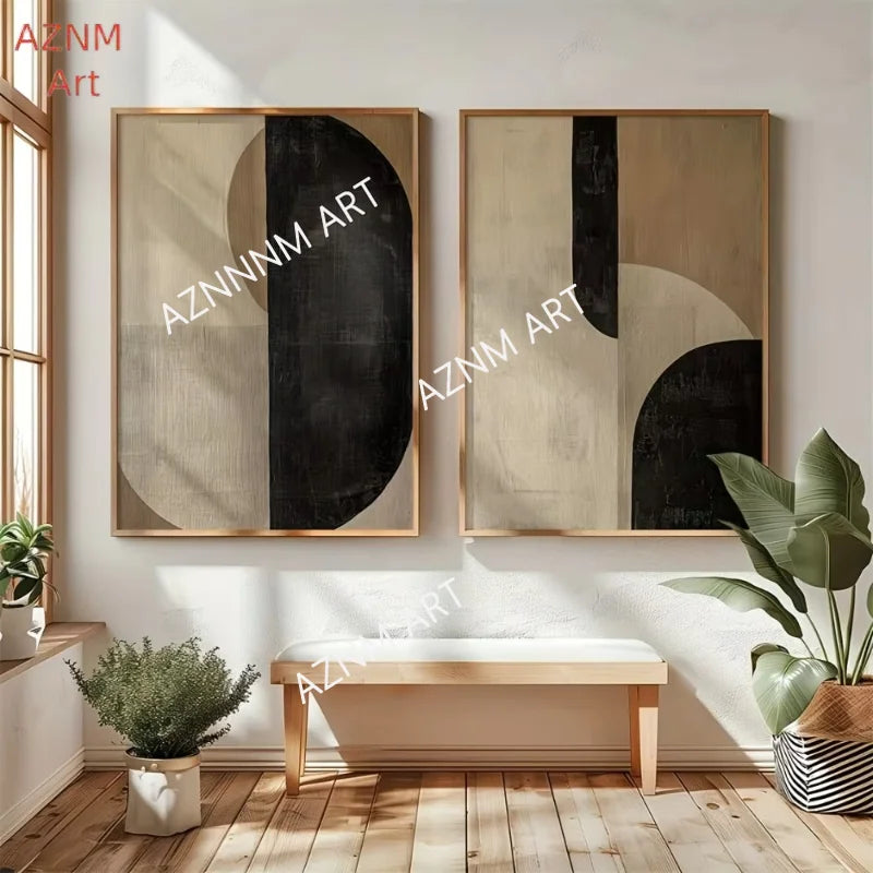 tableau abstrait contemporain toile beige noir minimaliste cadre bois chambre salon decoration 40x60cm 55x80cm