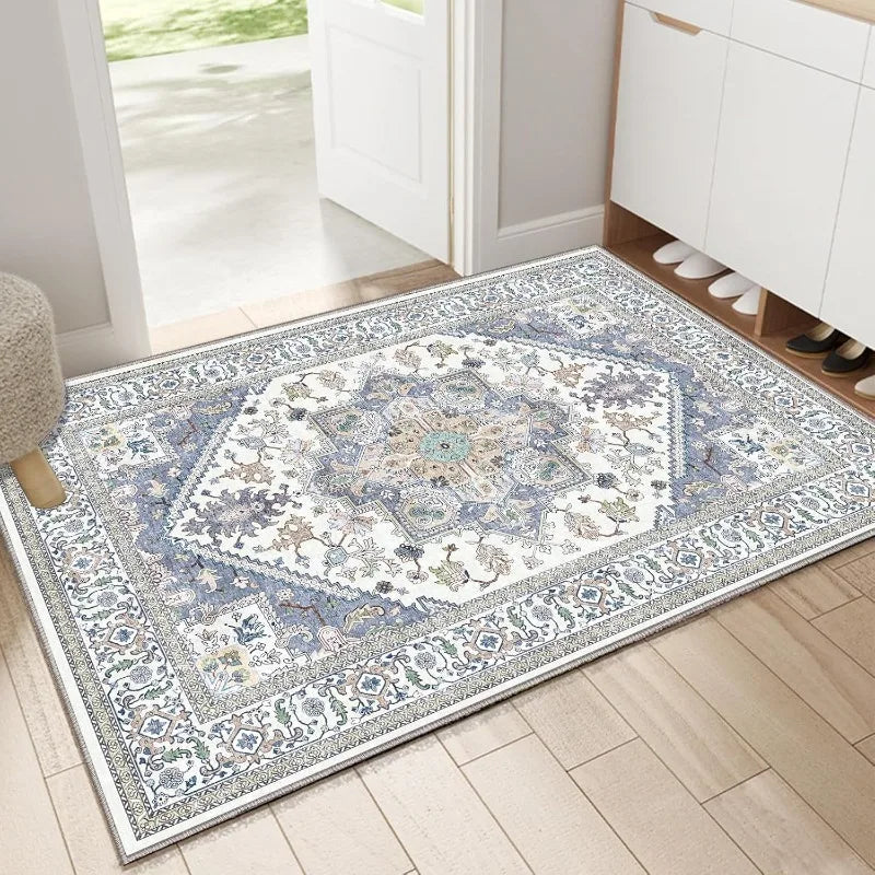 tapis géométrique persan classique bleu marine blanc gris résistant extérieur moderne