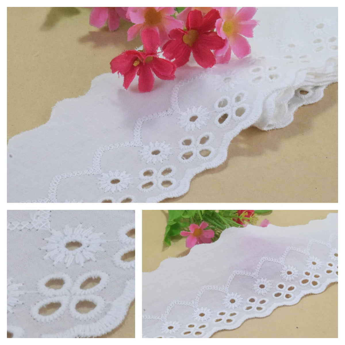 dentelle coton blanc 8cm largeur motifs floraux bordure ondulée semi transparente