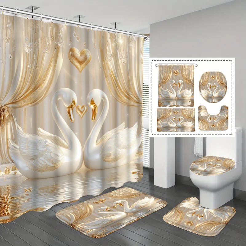 rideau douche cygnes tapis bain couvercle wc blanc doré classique