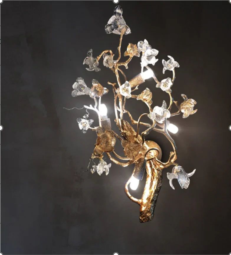 suspension lumineuse moderne dorée branches fleurs transparentes cristal haute luxure