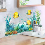 sticker mural poissons océan coraux algues adhésif salle bain résistant eau bleu vert jaune