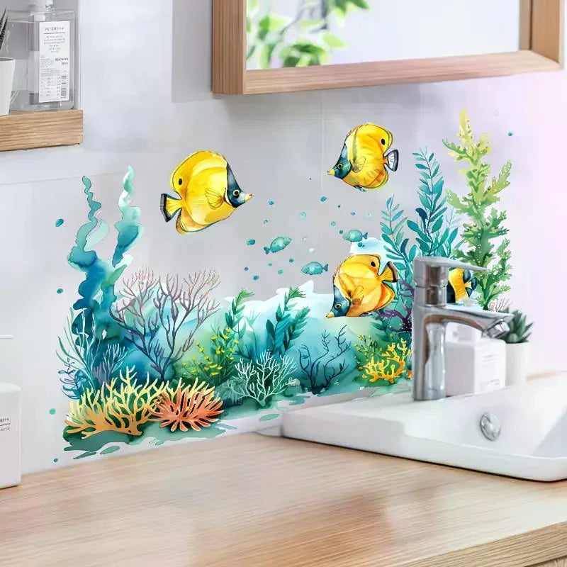 sticker mural poissons océan coraux algues adhésif salle bain résistant eau bleu vert jaune