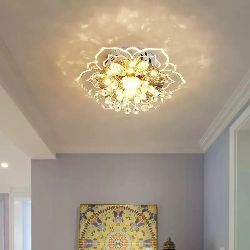 plafonnier moderne fleur cristal blanc doré transparent cuisine salon chambre