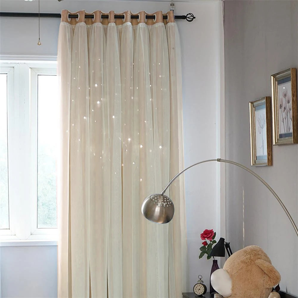 rideaux semi transparent étoiles découpées tissu plissé motif enfantin couleurs rose bleuclair