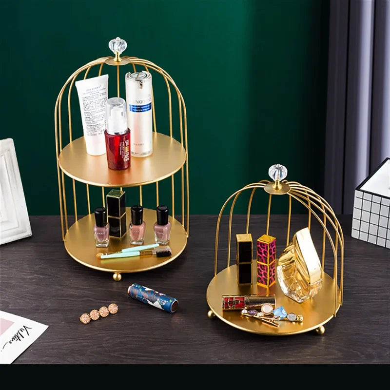 étagère double niveau or rangement cosmétiques parfums cage oiseau pieds dorés