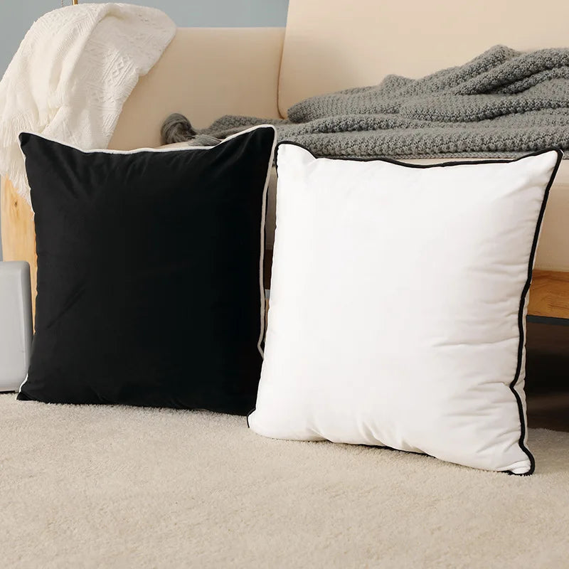 taies d'oreiller décoratives polyester noir blanc motif uni bordure blanche contemporain 30x50cm 45x45cm 50x50cm