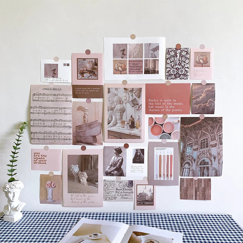 collage mural vintage romantique paysages floraux clips rose beige vert bleu blanc adolescents