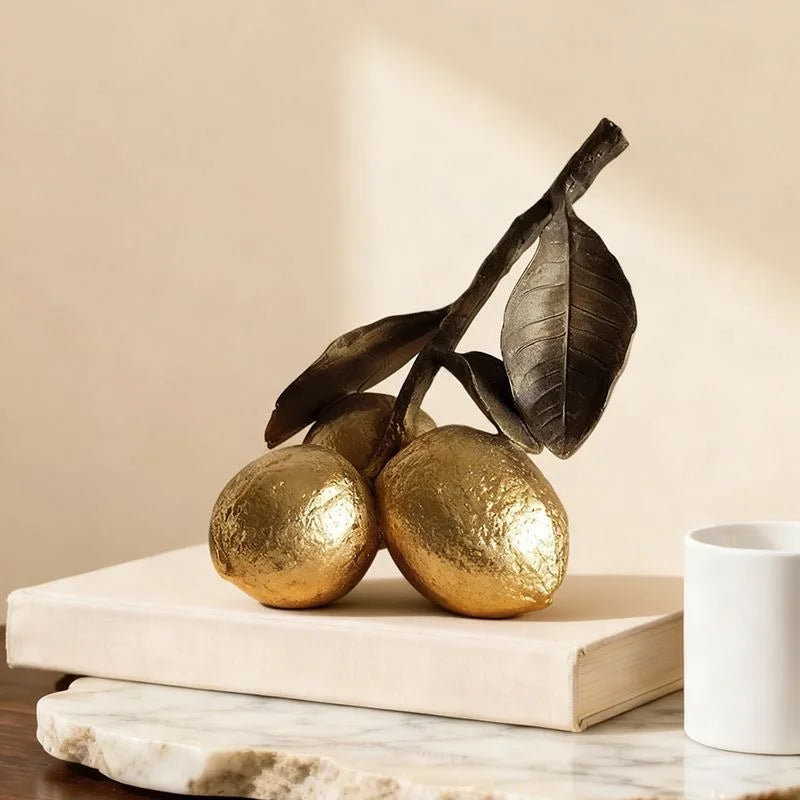 sculpture fruit lychee citronnier ornement décoration intérieure moderne citron bronze feuilles rouge blanc