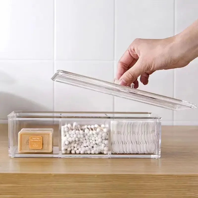 boîte rangement transparente multi compartiments clips moderne bâtonnets coton serviettes papier savon minimaliste organisation