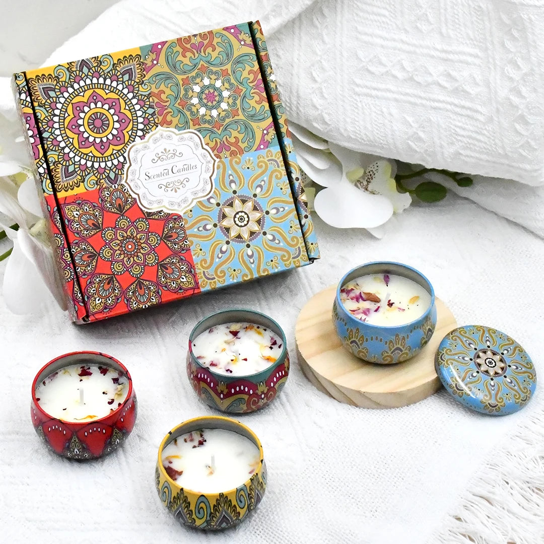 bougies parfumées boho chic motifs floraux violet blanc bleu rouge jaune pack pièces
